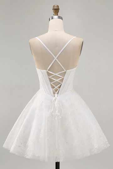 White A-Line Corset Spaghetti Straps Satin Short Prom Dress with Appliques
